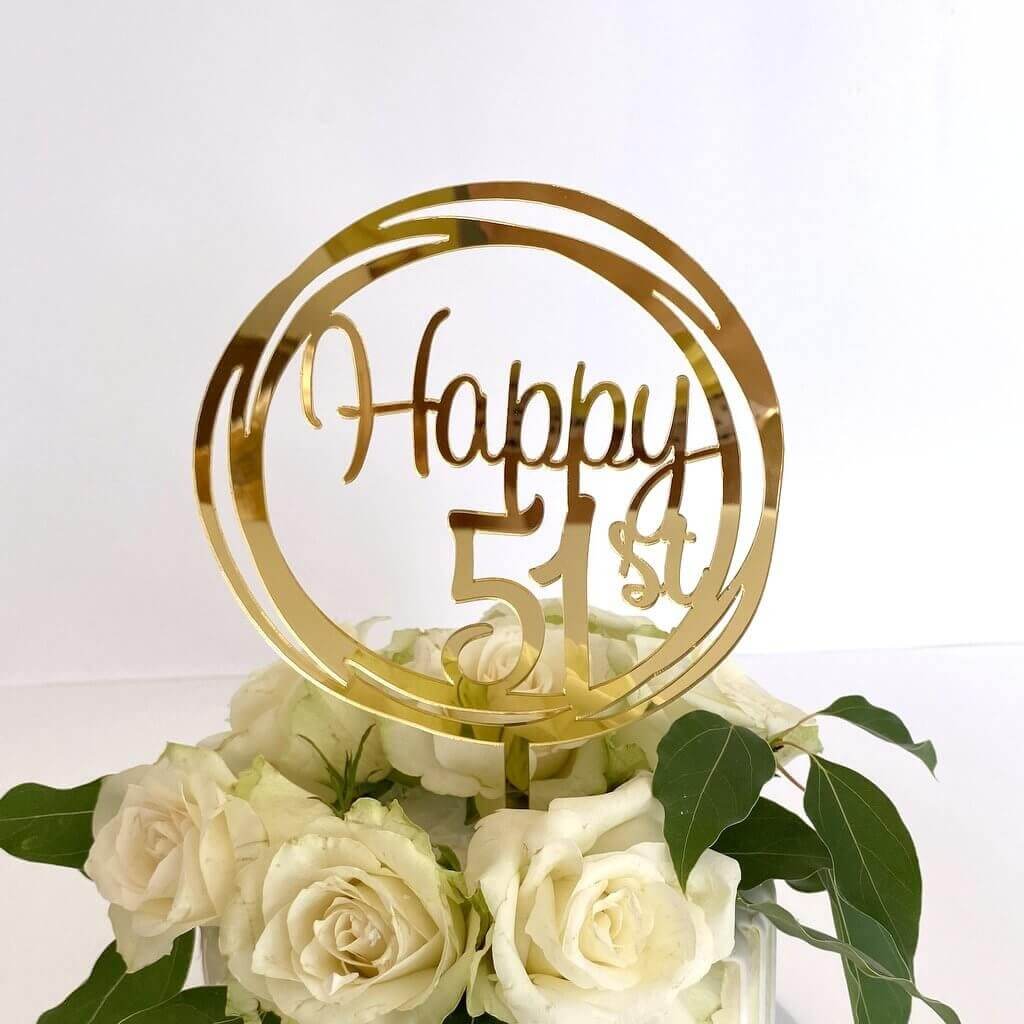 Acrylic Gold Geometric Circle Happy 51st Cake Topper