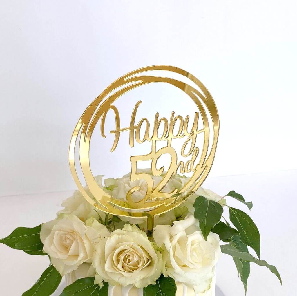Acrylic Gold Geometric Circle Happy 52nd birthday Cake Topper