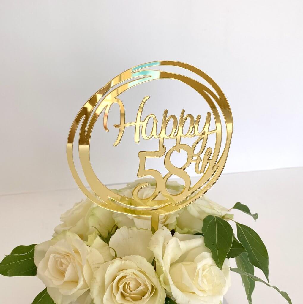 Acrylic Gold Geometric Circle Happy 58th Cake Topper