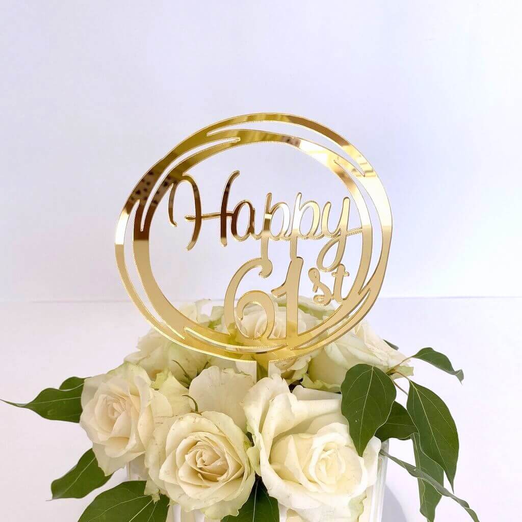 Acrylic Gold Geometric Circle Happy 61st birthday Cake Topper