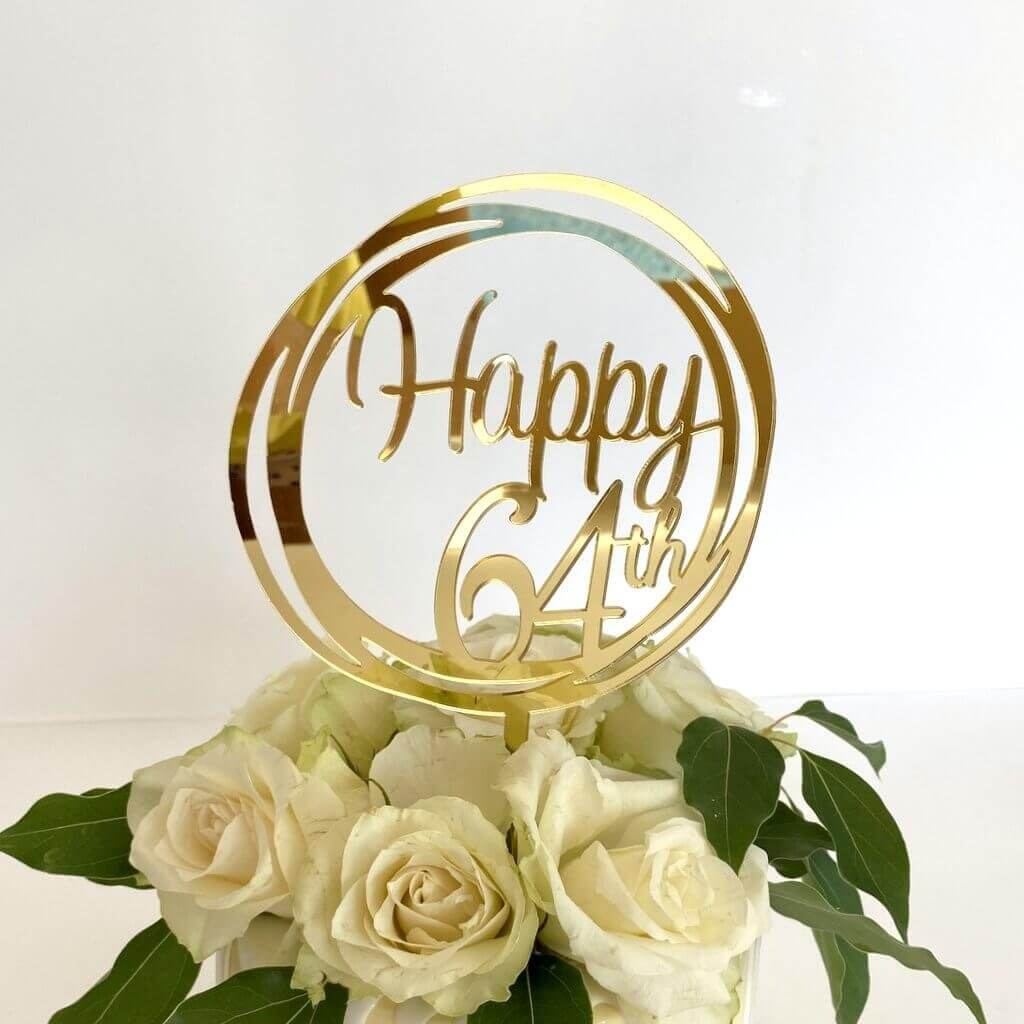 Acrylic Gold Geometric Circle Happy 64th birthday Cake Topper