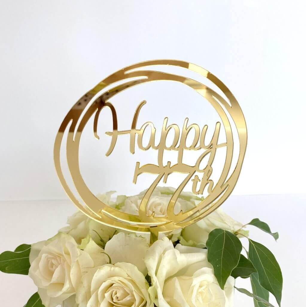 Acrylic Gold Geometric Circle Happy 77th birthday Cake Topper