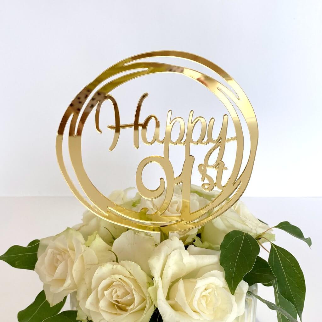 Acrylic Gold Mirror Happy 91st Birthday Geometric Circle Cake Topper