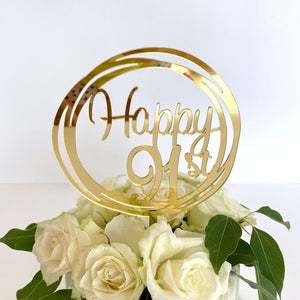 Acrylic Gold Mirror Happy 91st Birthday Geometric Circle Cake Topper