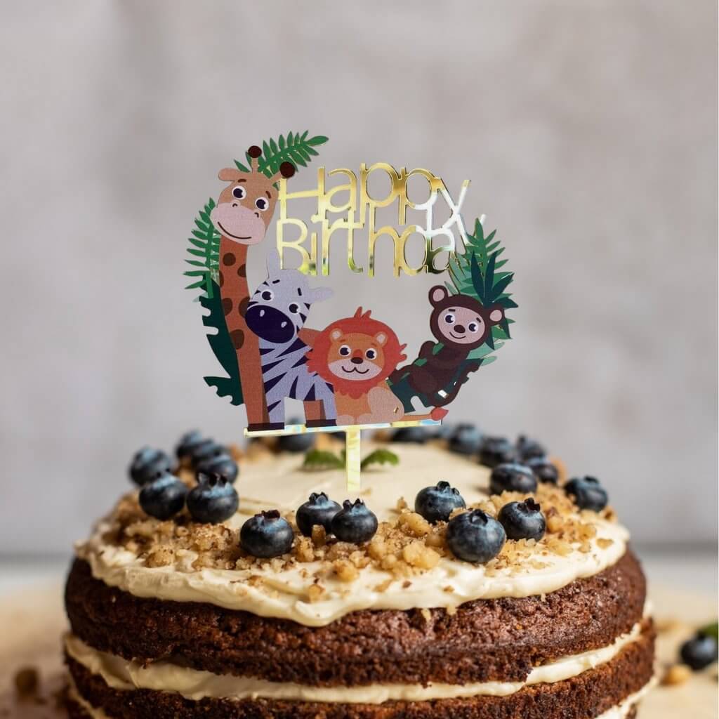 Acrylic Gold Mirror Happy Birthday Jungle Animal Safari Cake Topper
