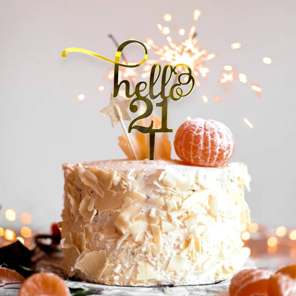 Acrylic Gold Mirror Hello 21 Birthday Cake Topper