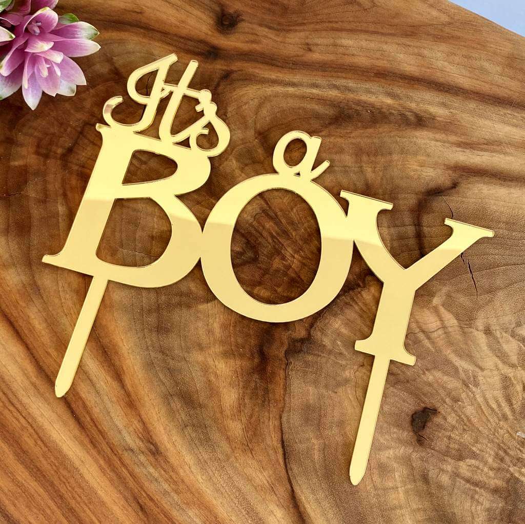 Gold Mirror Acrylic IT'S A BOY baby shower gender reaveal Cake Topper