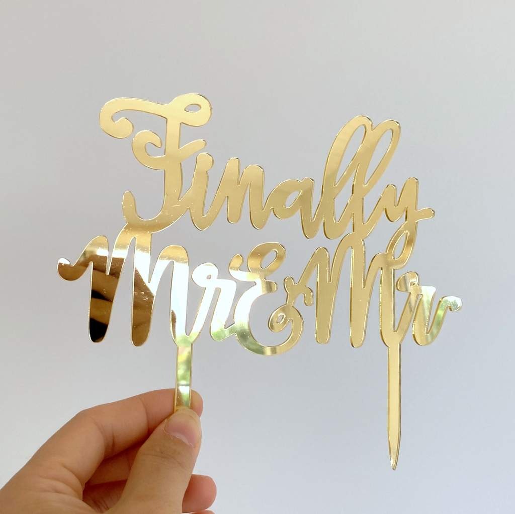 Gold Mirror Acrylic 'Finally Mr & Mr' Cake Topper - LGBT Cake Decorations, Same-Sex Wedding Party Celebrations