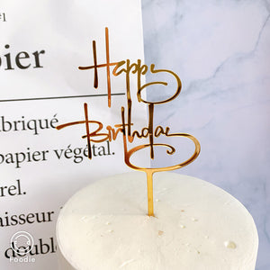 Gold Mirror Happy Birthday Calligraphy Cursive Cake Topper