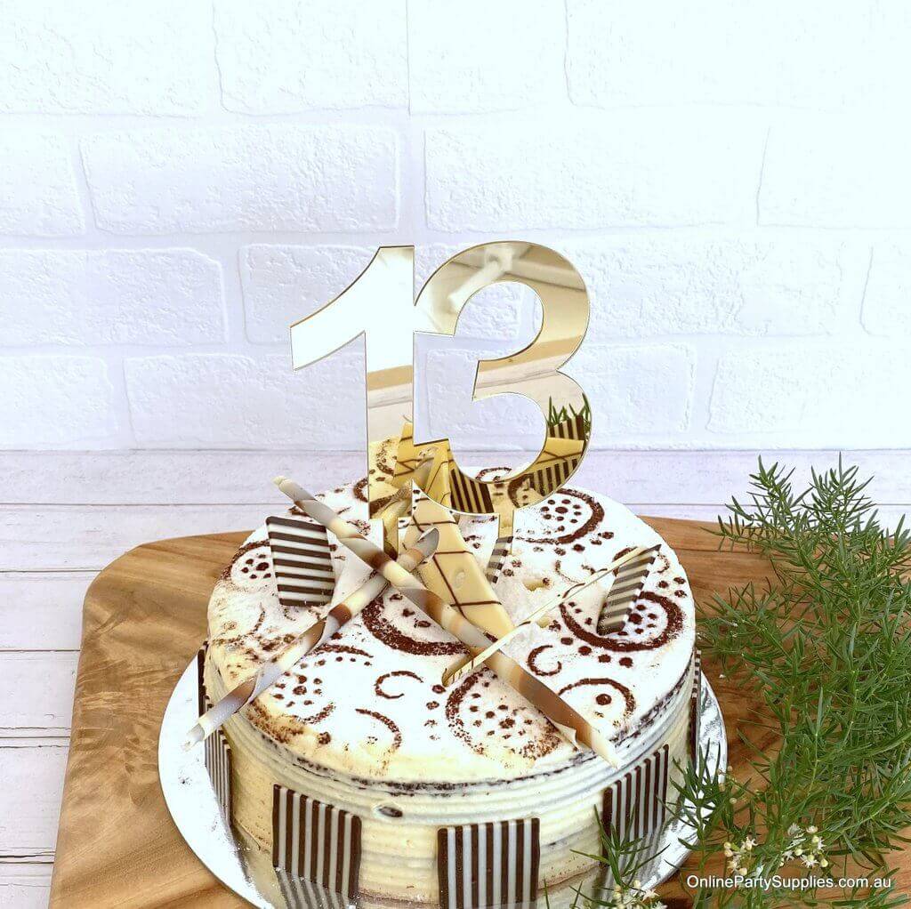 Gold Mirror Acrylic Number 13 Cake Topper - 13th Thirteen Birthday Party Cake Decorations