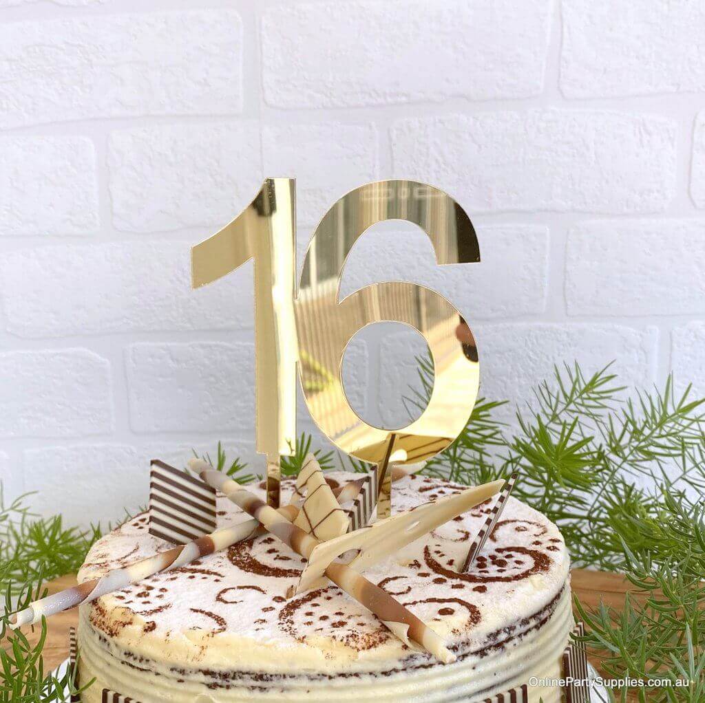 Acrylic Gold Mirror Number 16 Cake Topper - 16th Sixteenth Birthday Party Cake Decorations