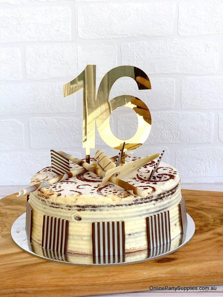 Acrylic Gold Mirror Number 16 Cake Topper - 16th Sixteenth Birthday Party Cake Decorations