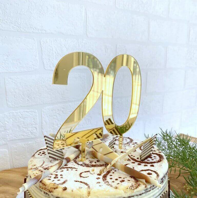 Acrylic Gold Mirror Number 20 Cake Topper - 20th Twentieth Birthday Party Cake Decorations