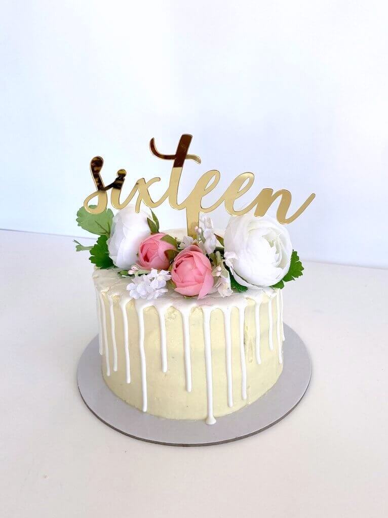 Acrylic Gold Mirror 'Sixteen' Cake Topper - 16th Birthday Party Cake Decorations
