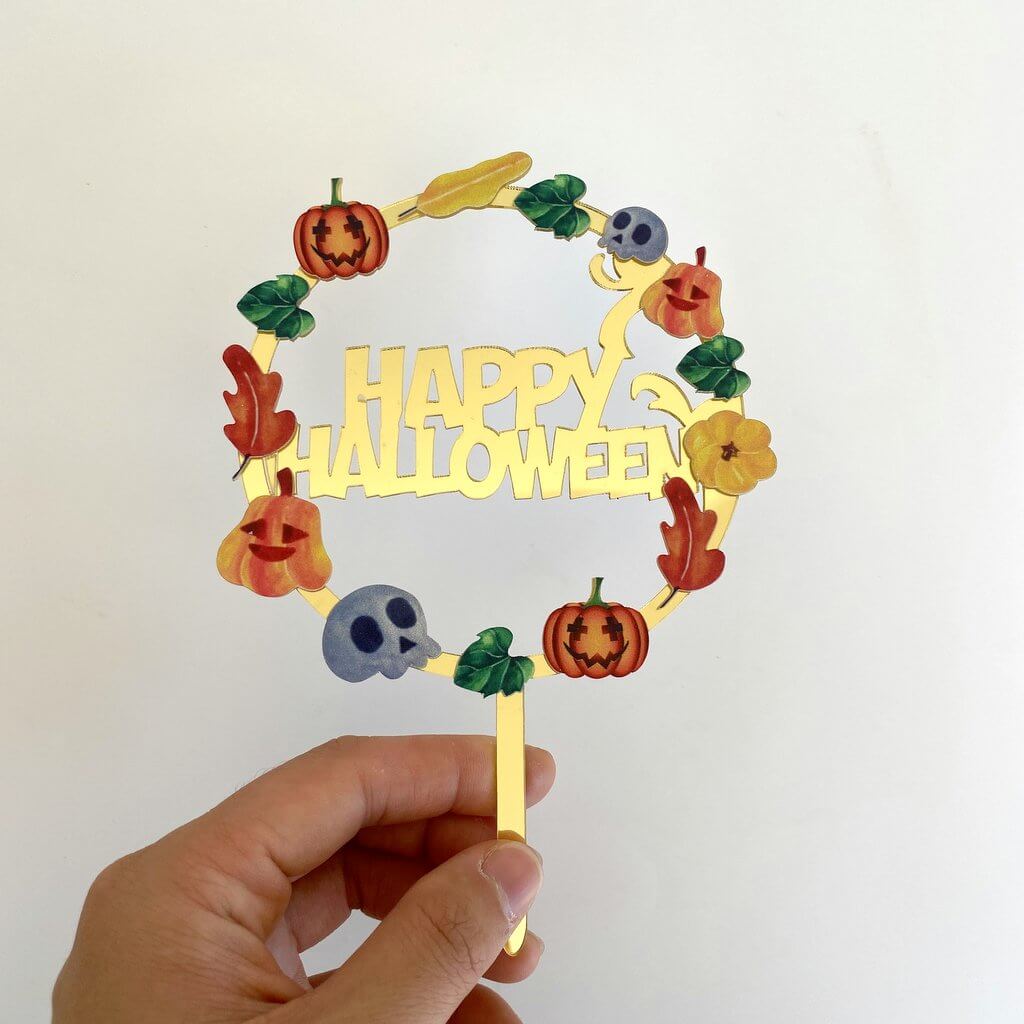 Acrylic Gold Mirror Happy Halloween Wreath Cake Topper
