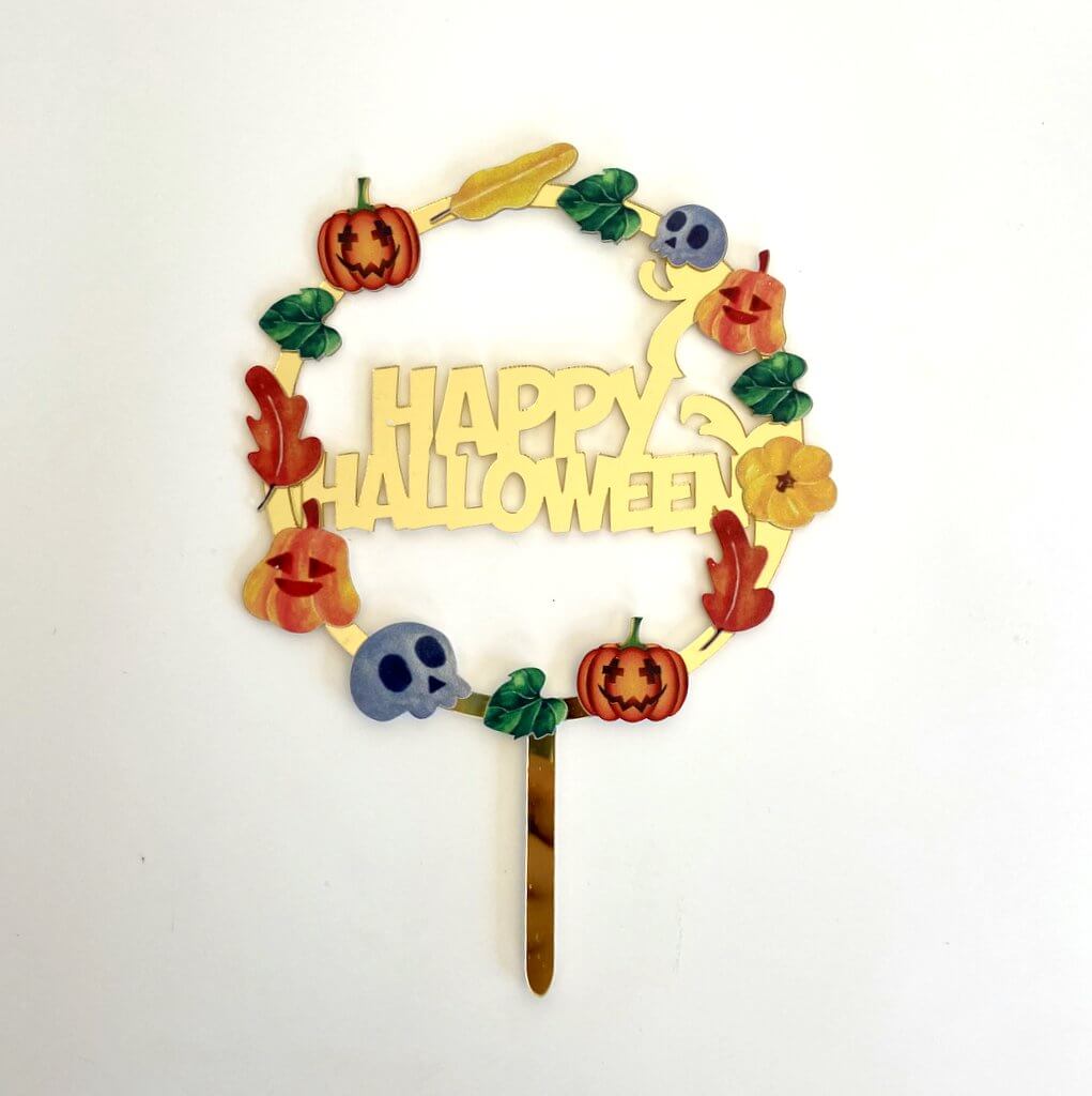 Acrylic Gold Mirror Happy Halloween Wreath Cake Topper