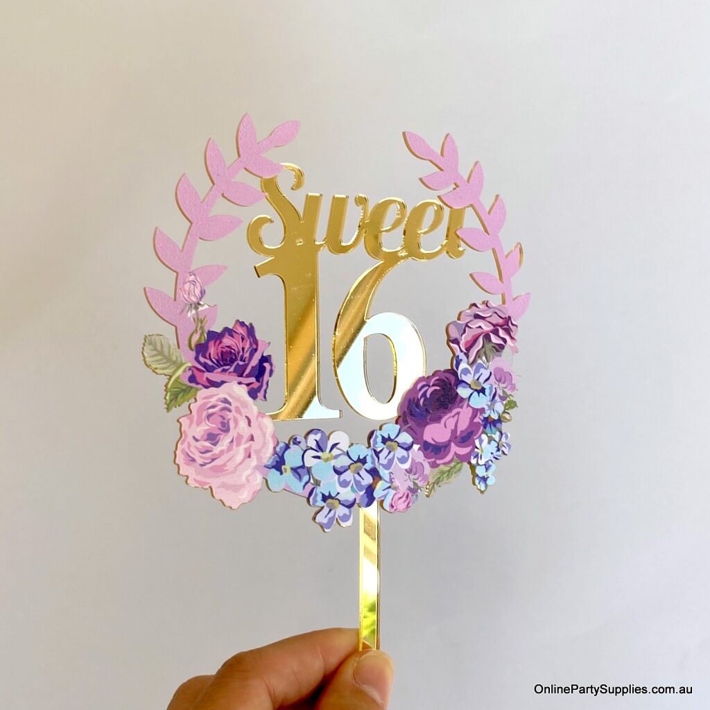 Online Party Supplies Australia gold mirror sweet 16 floral wreath birthday cake topper