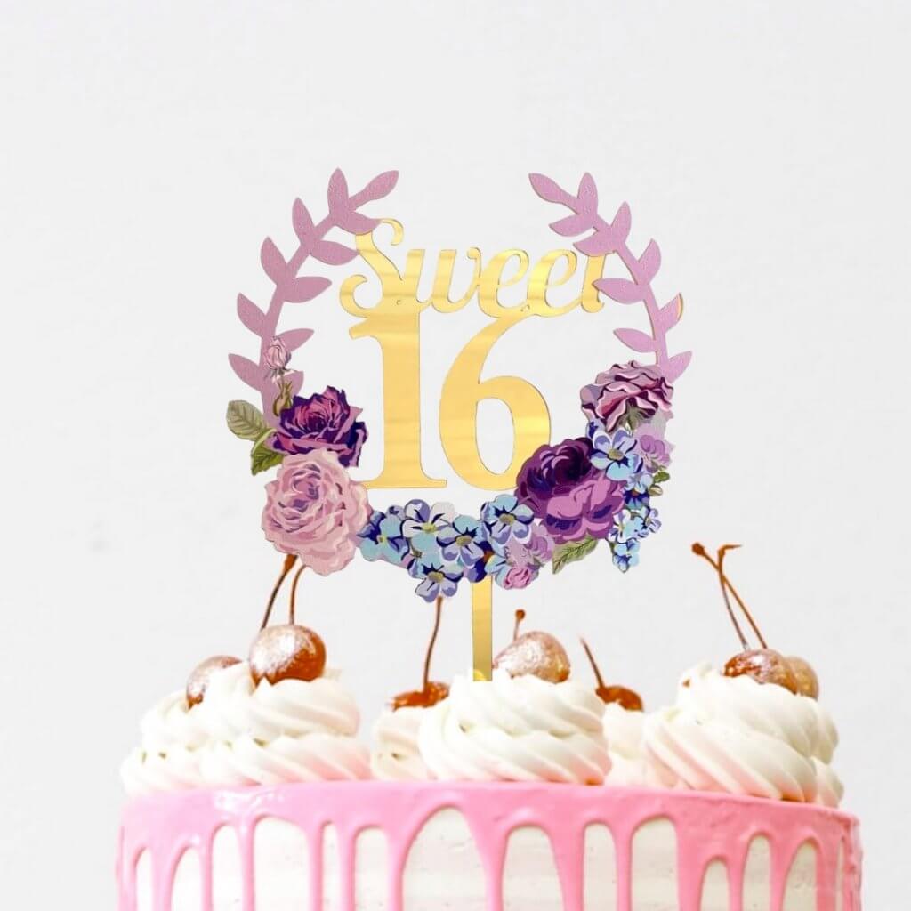 Online Party Supplies Australia gold mirror sweet 16 floral wreath birthday cake topper