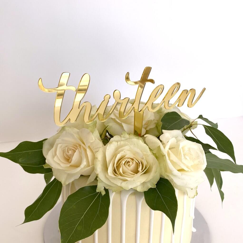 Acrylic Gold Mirror 'Thirteen' Cake Topper - 13th Birthday Party Cake Decorations