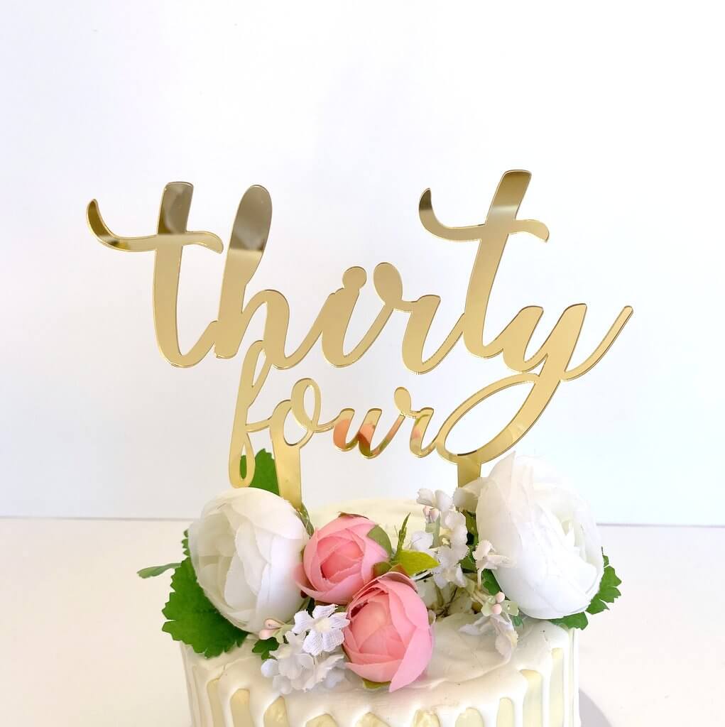 Acrylic Gold Mirror \'thirty four\' Script Birthday Cake Topper ...