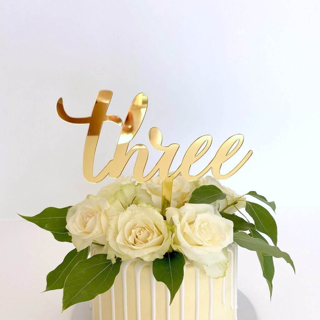 Acrylic Gold Mirror 'Three' Birthday Cake Topper - Style A
