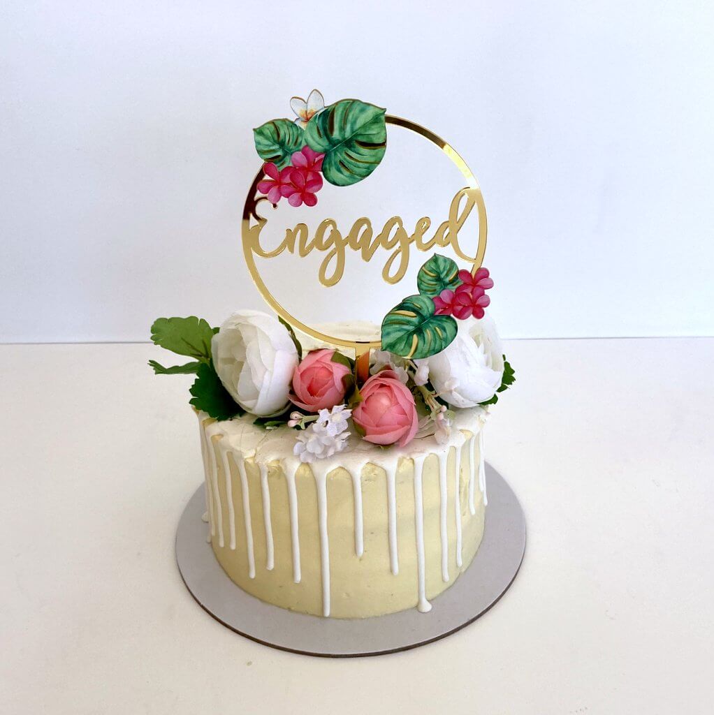 Acrylic Gold Mirror Tropical Floral 'Engaged' Loop Cake Topper