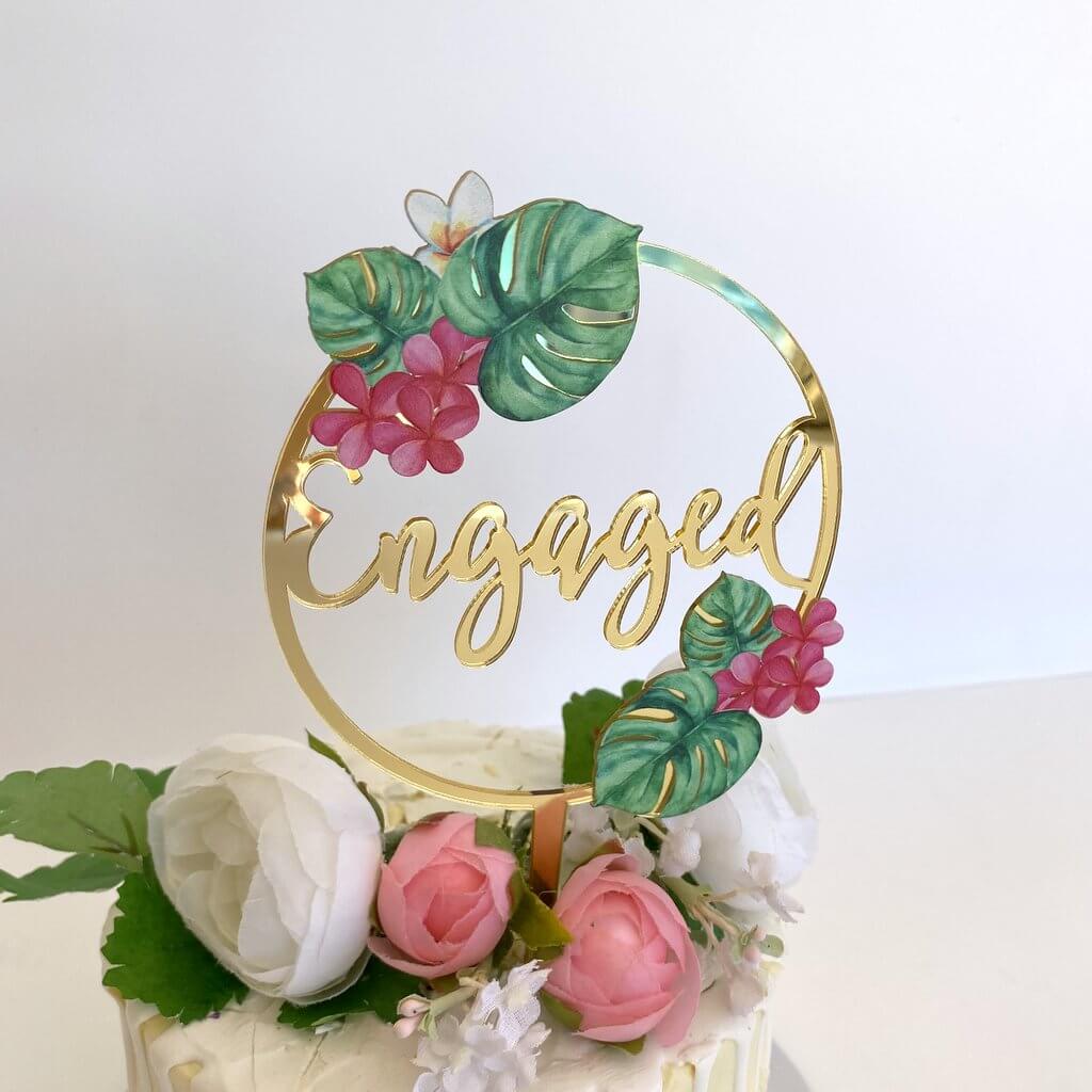 Acrylic Gold Mirror Tropical Floral 'Engaged' Loop Cake Topper