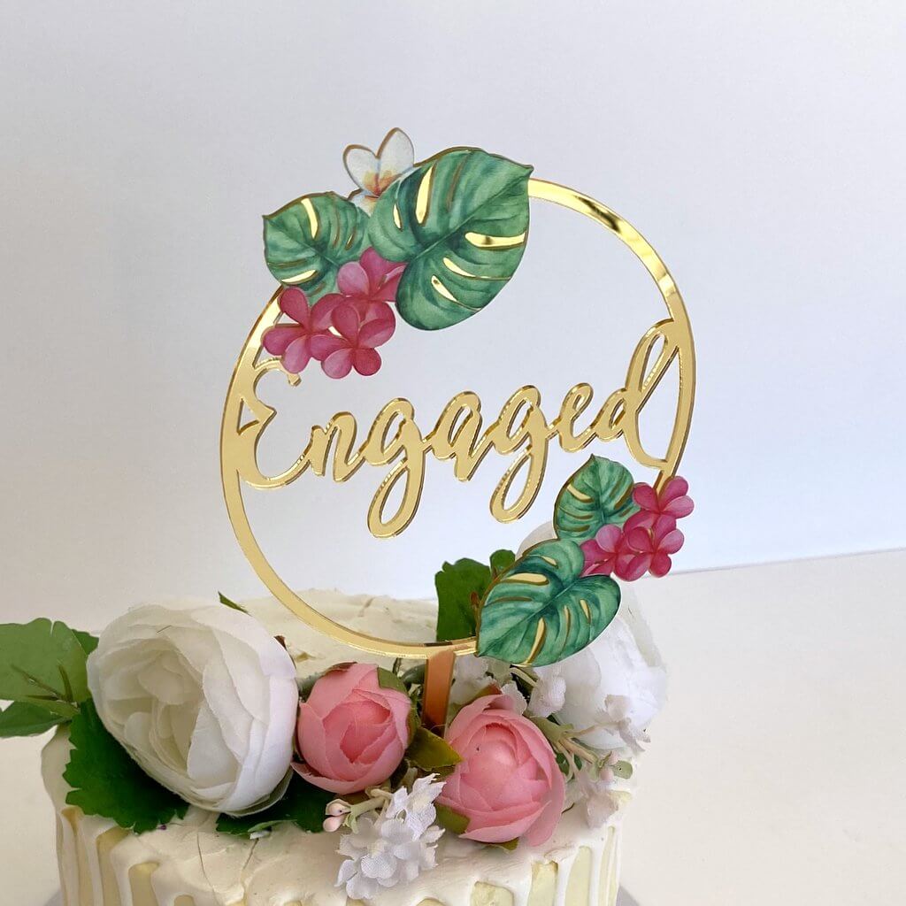 Gold Mirror Tropical Floral Engaged Loop Wedding Cake Topper ...
