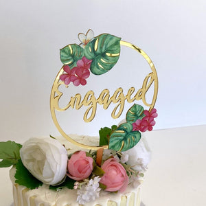 Acrylic Gold Mirror Tropical Floral 'Engaged' Loop Cake Topper