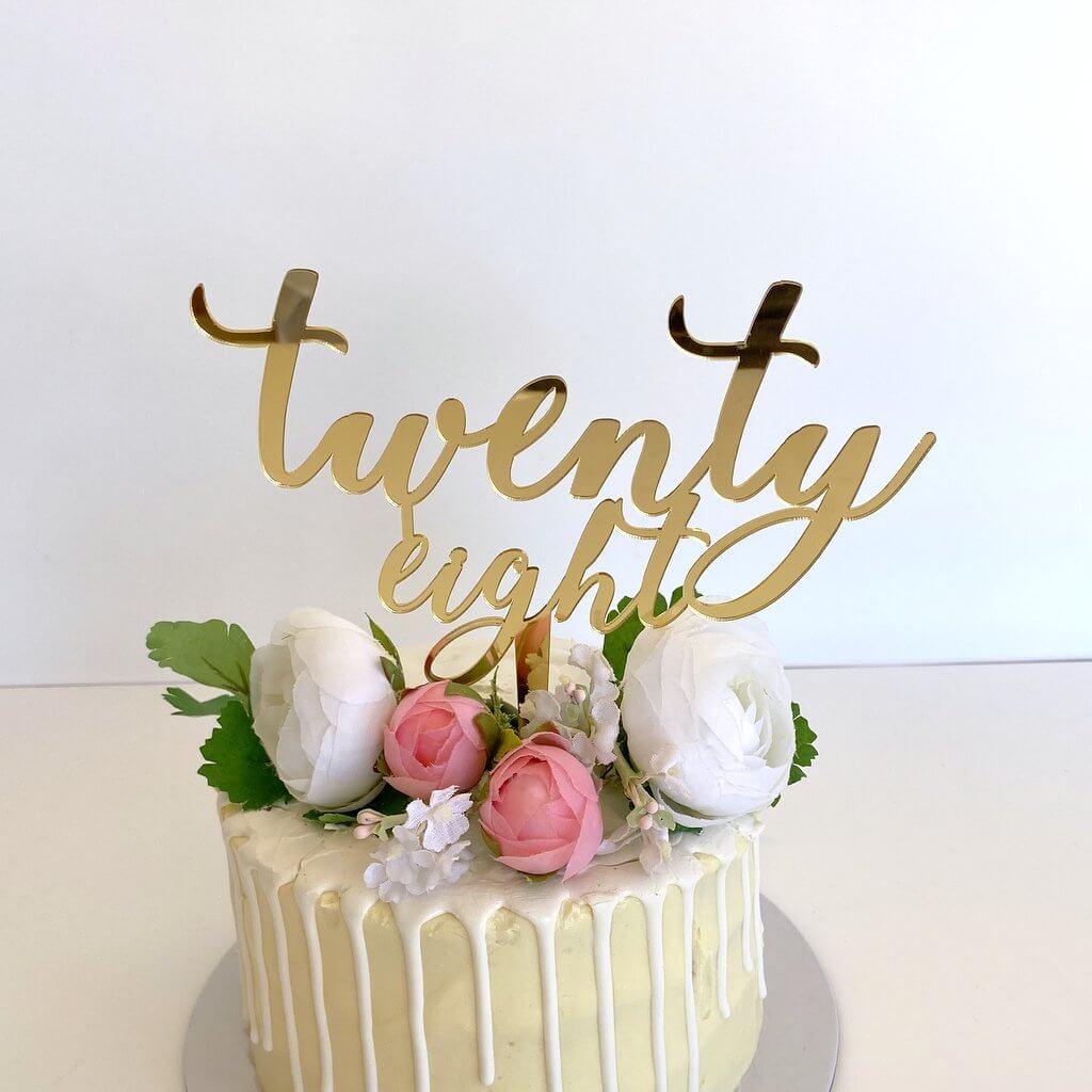 Acrylic Gold Mirror 'twenty eight' Script Cake Topper