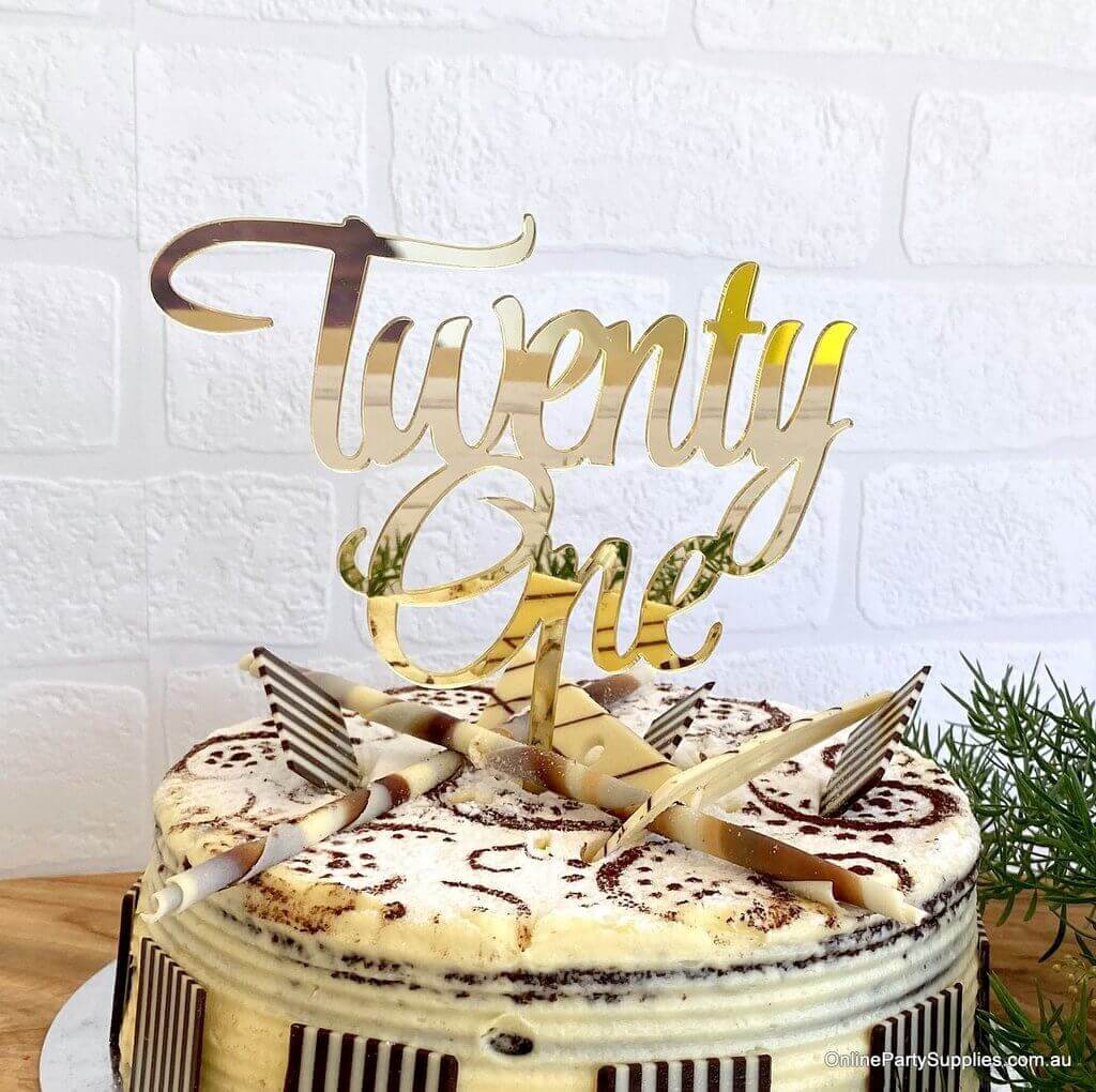 Acrylic Gold Mirror 'Twenty One' Cake Topper - 21st Birthday Party Cake Decorations