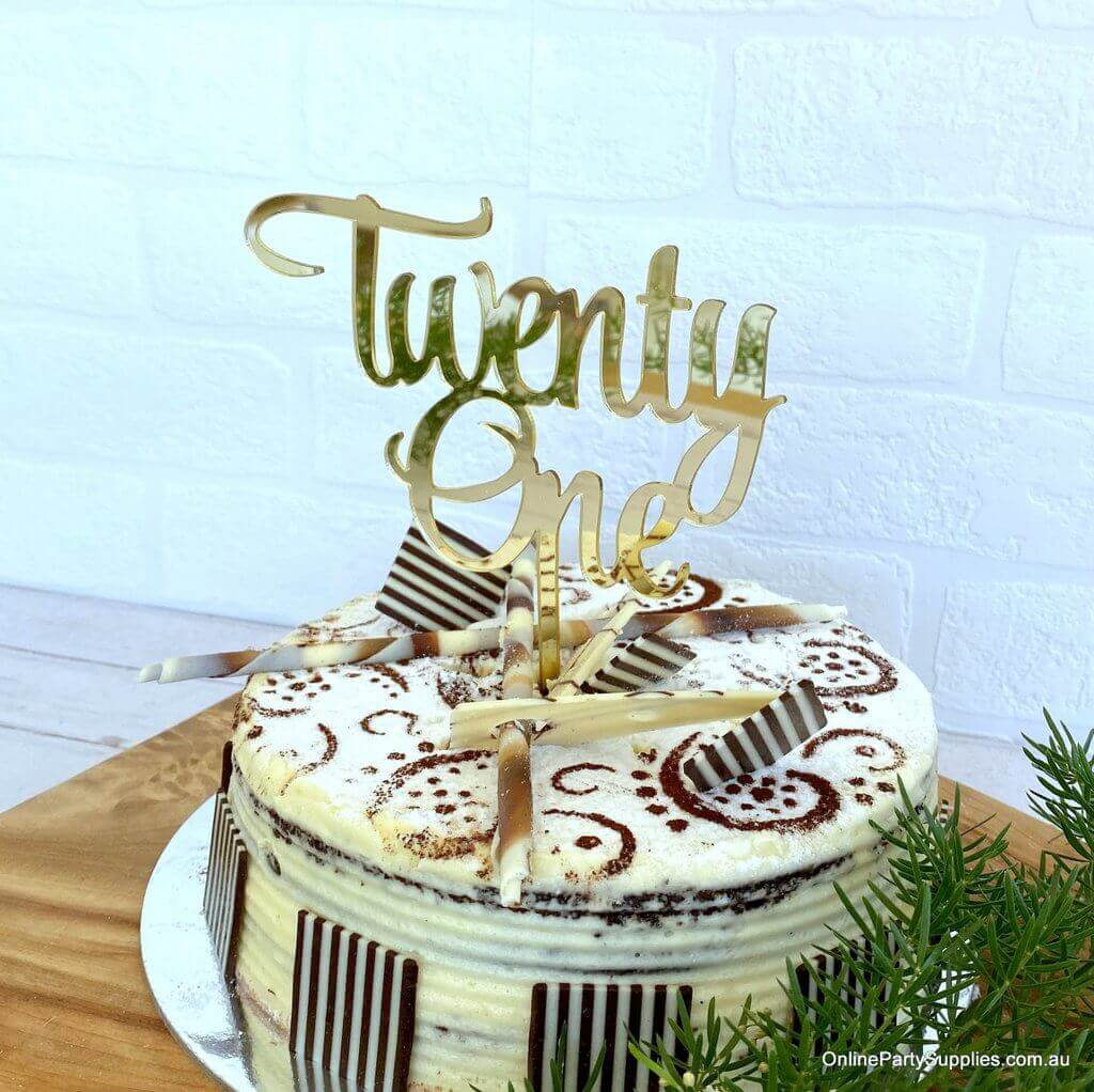 Acrylic Gold Mirror 'Twenty One' Cake Topper - 21st Birthday Party Cake Decorations
