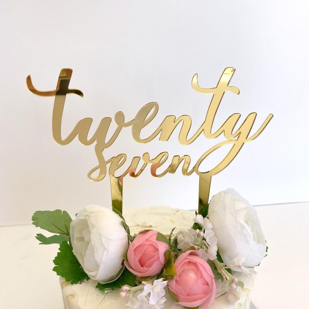 Acrylic Gold Mirror 'twenty seven' Script Cake Topper