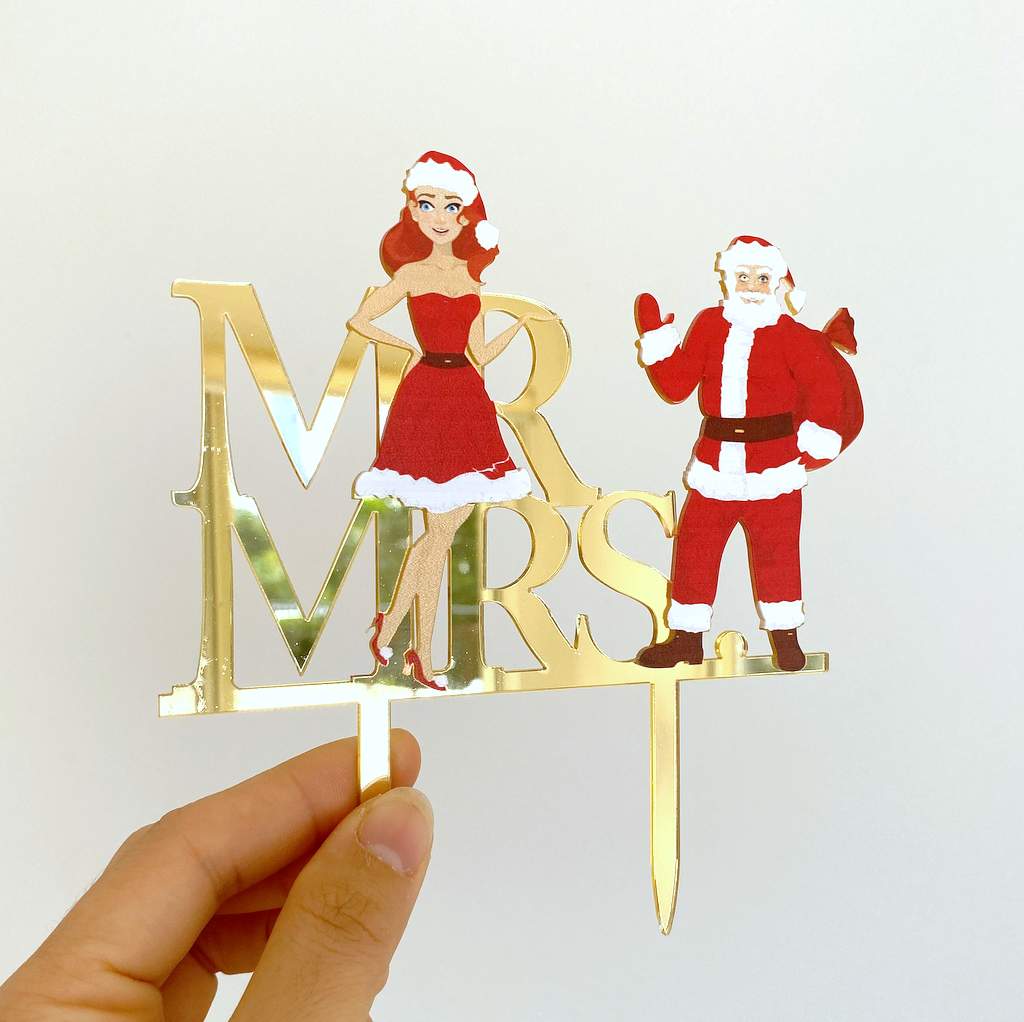 Acrylic Gold Mirror 'Mr and Mrs' Christmas Santa Cake Topper