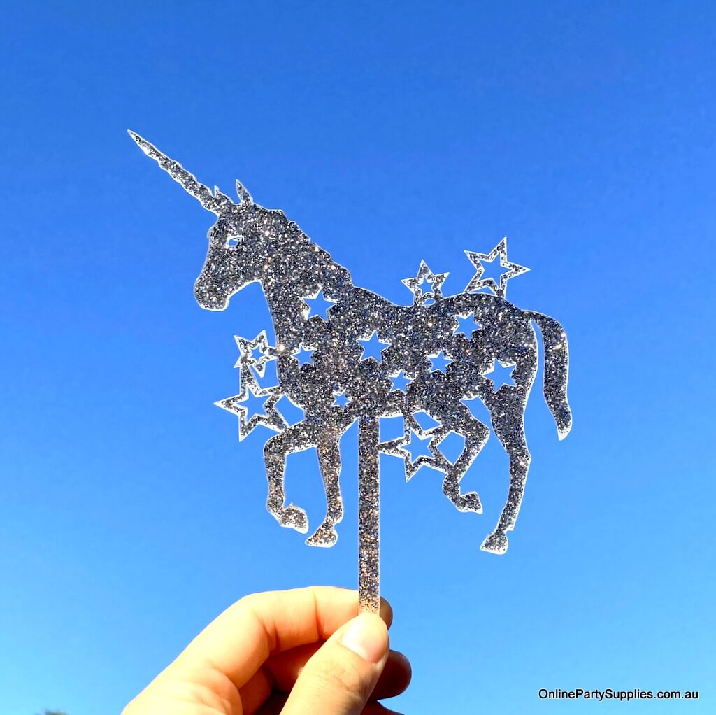 Online Party Supplies Australia acrylic silhouette sparkles grey glitter unicorn stars birthday cake topper