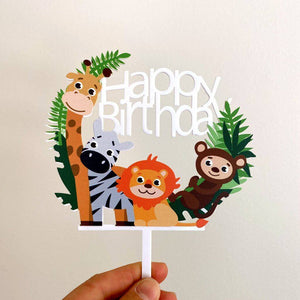 Acrylic 'Happy Birthday' Jungle Animal Safari Cake Topper - White