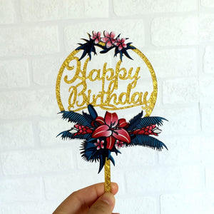 Acrylic 'Happy Birthday' Flower Wreath Cake Topper - Gold Glitter - Online Party Supplies