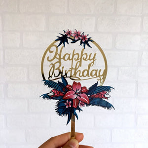 Acrylic 'Happy Birthday' Flower Wreath Cake Topper - Gold Mirror - Online Party Supplies