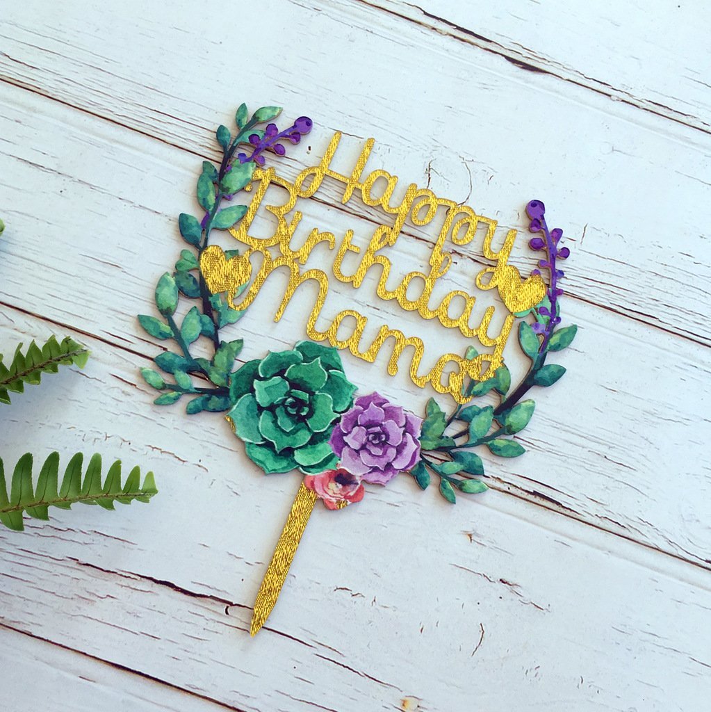Acrylic 'Happy Birthday Mama' Flower Wreath Cake Topper - Gold Glitter - Online Party Supplies