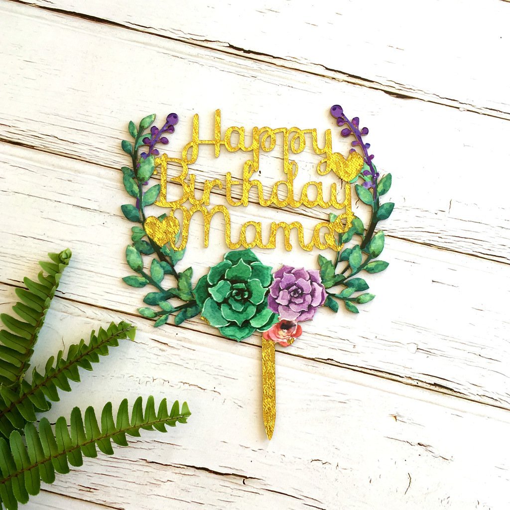 Acrylic 'Happy Birthday Mama' Flower Wreath Cake Topper - Gold Glitter - Online Party Supplies