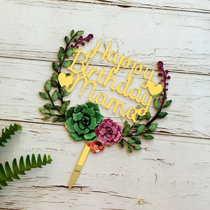 Acrylic 'Happy Birthday Mama' Flower Wreath Cake Topper - Gold Mirror - Online Party Supplies