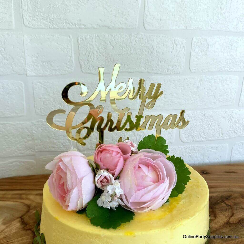 Gold Mirror Acrylic Merry Christmas Cake Topper Xmas Cake Decorations