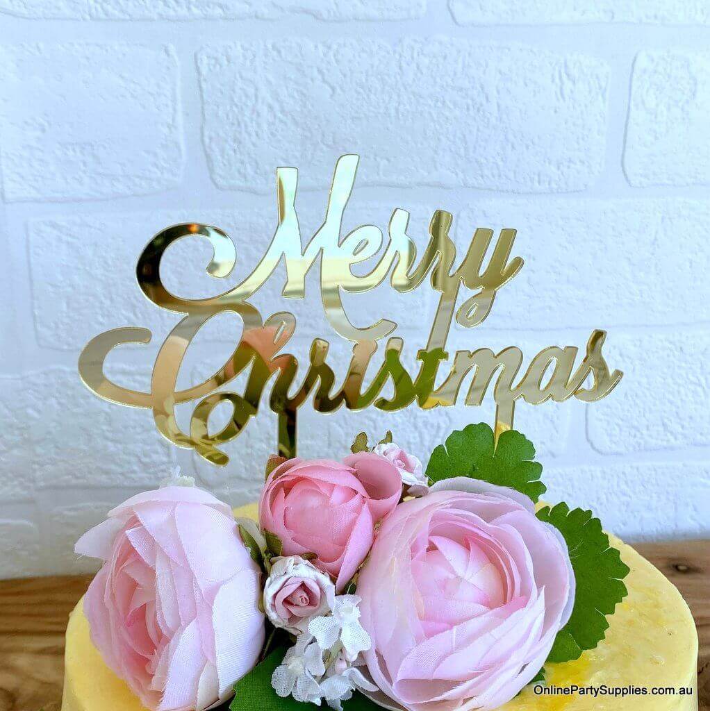 Gold Mirror Acrylic Merry Christmas Cake Topper Xmas Cake Decorations