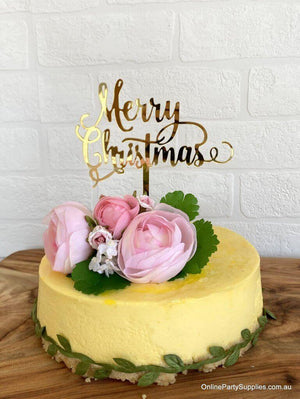 Gold Mirror Acrylic 'Merry Christmas' Cake Topper Xmas Cake Decorations
