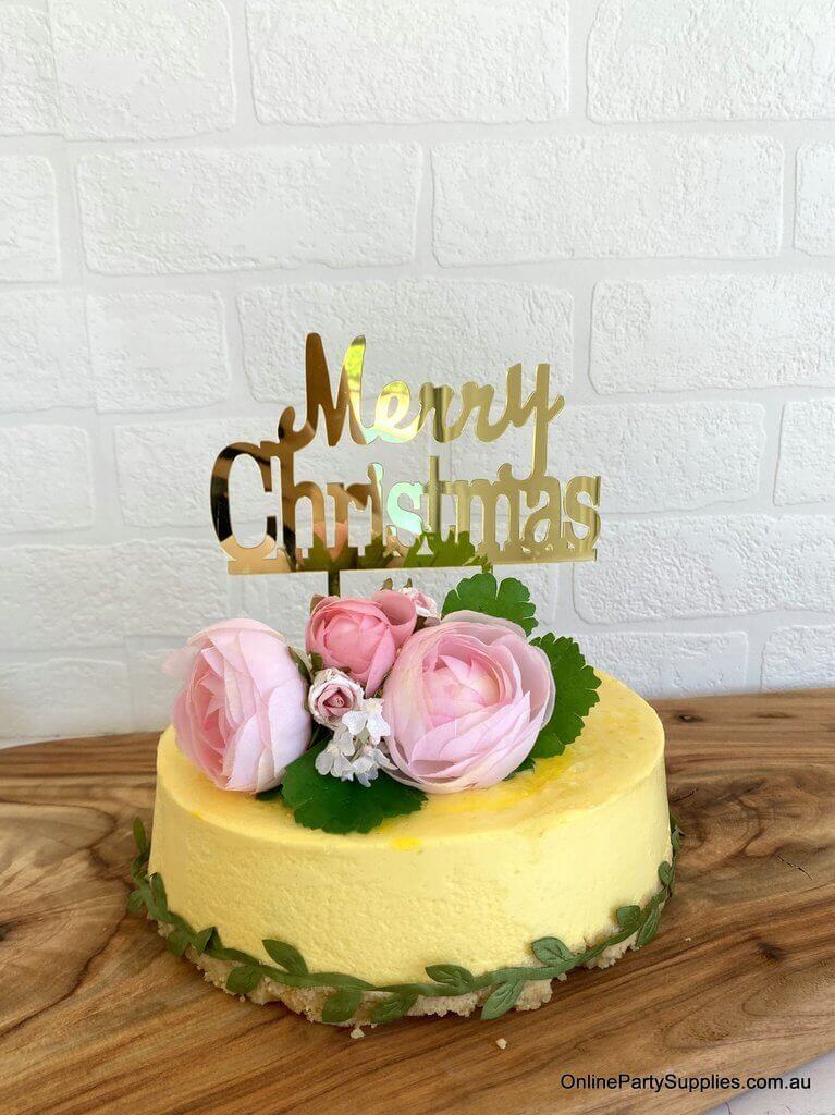 Online Party Supplies Australia Acrylic Gold Mirror 'Merry Christmas' Cake Topper Xmas Cake Decorations