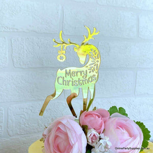 Acrylic Gold Mirror Merry Christmas Reindeer Cake Topper Xmas Cake Decorations