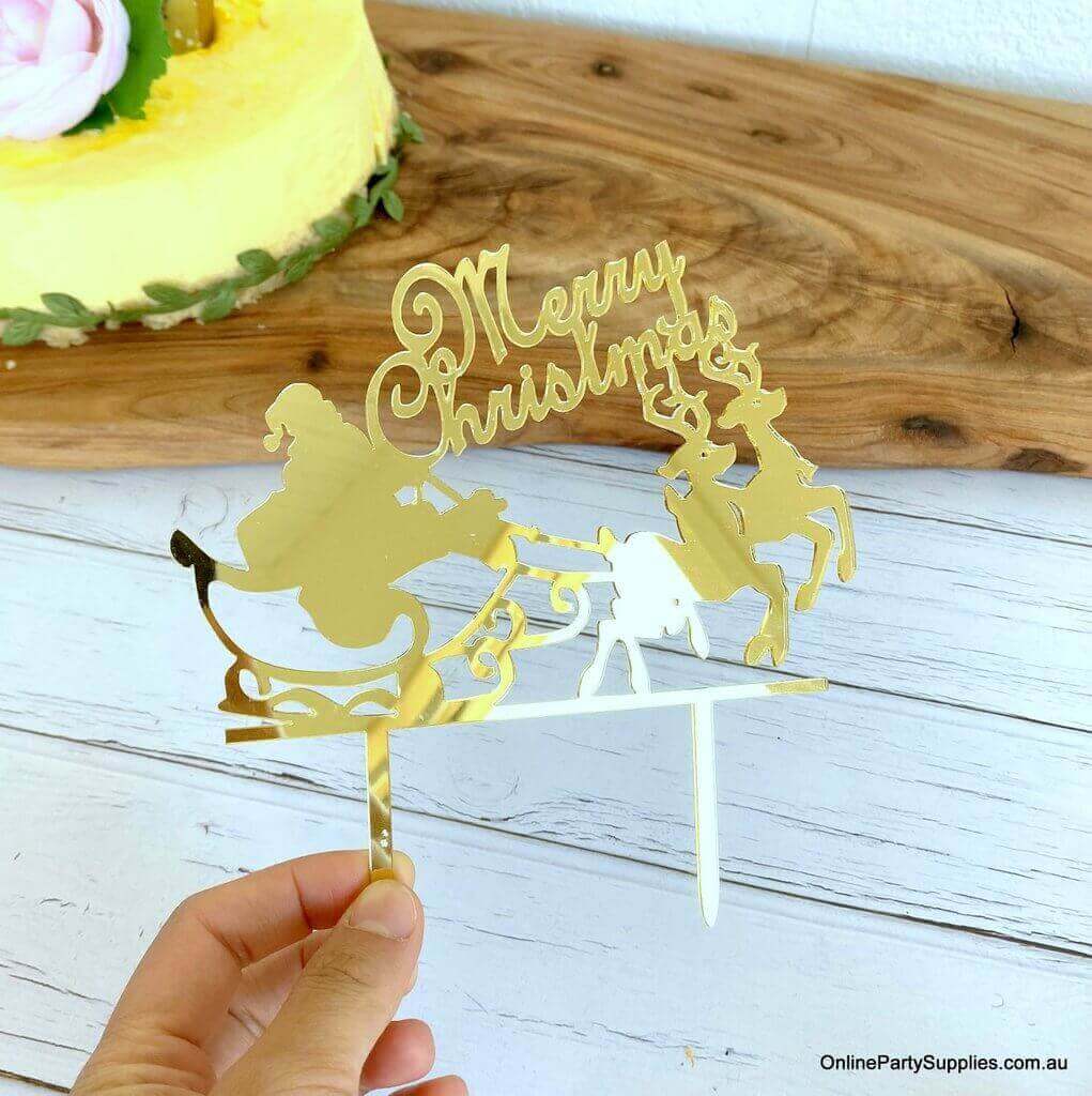 Gold Mirror Acrylic 'Merry Christmas' Santa riding his Sleigh Cake Topper Xmas Party Decorations