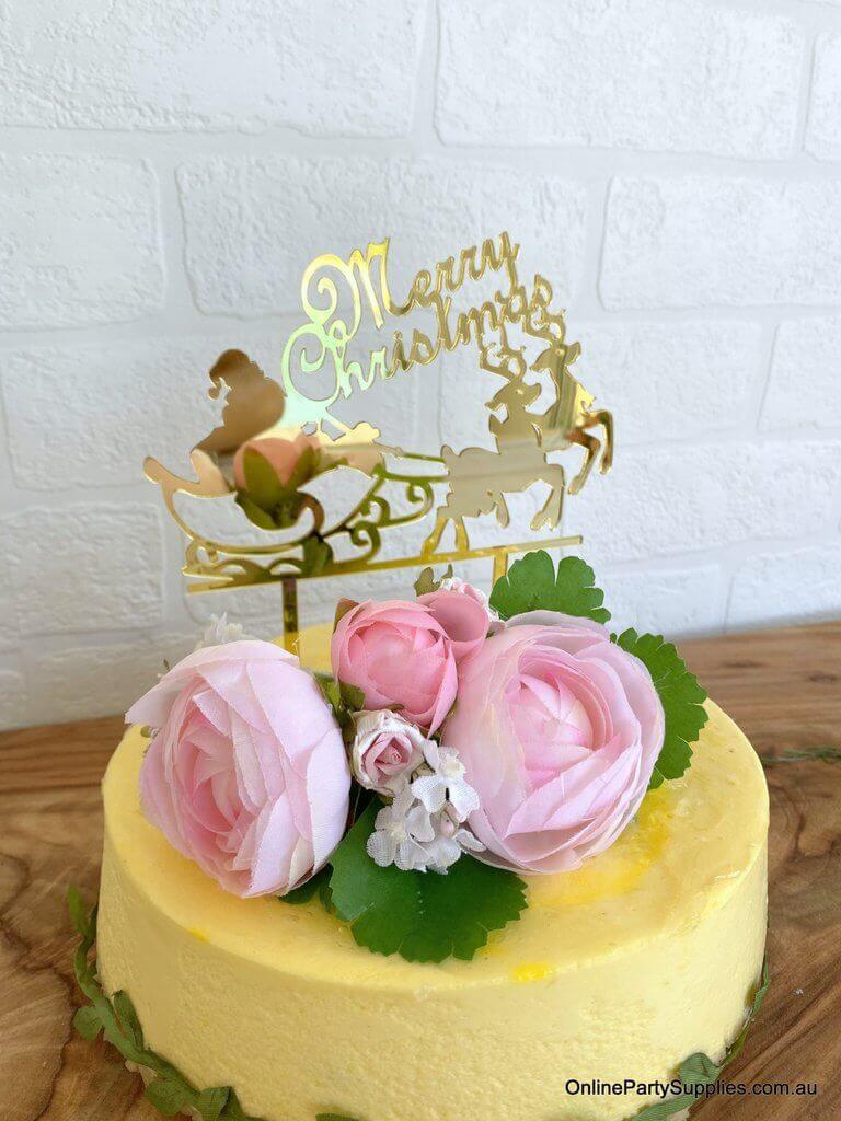 Gold Mirror Acrylic 'Merry Christmas' Santa riding his Sleigh Cake Topper Xmas Party Decorations