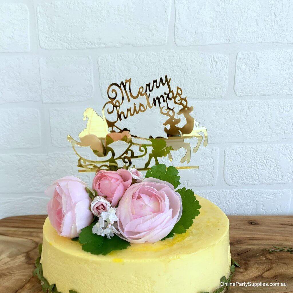 Gold Mirror Acrylic 'Merry Christmas' Santa riding his Sleigh Cake Topper Xmas Party Decorations