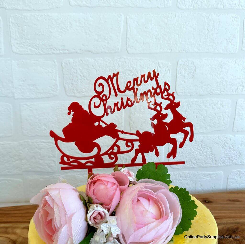 Acrylic Red 'Merry Christmas' Santa Riding Sleigh Cake Topper - Xmas New Year Party Cake Decorations